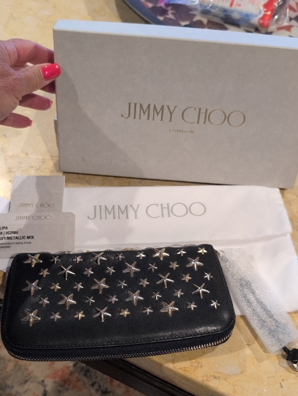 Jimmy Choo Filipa Navy/Metallic Mix Leather Metal Stars Wallet